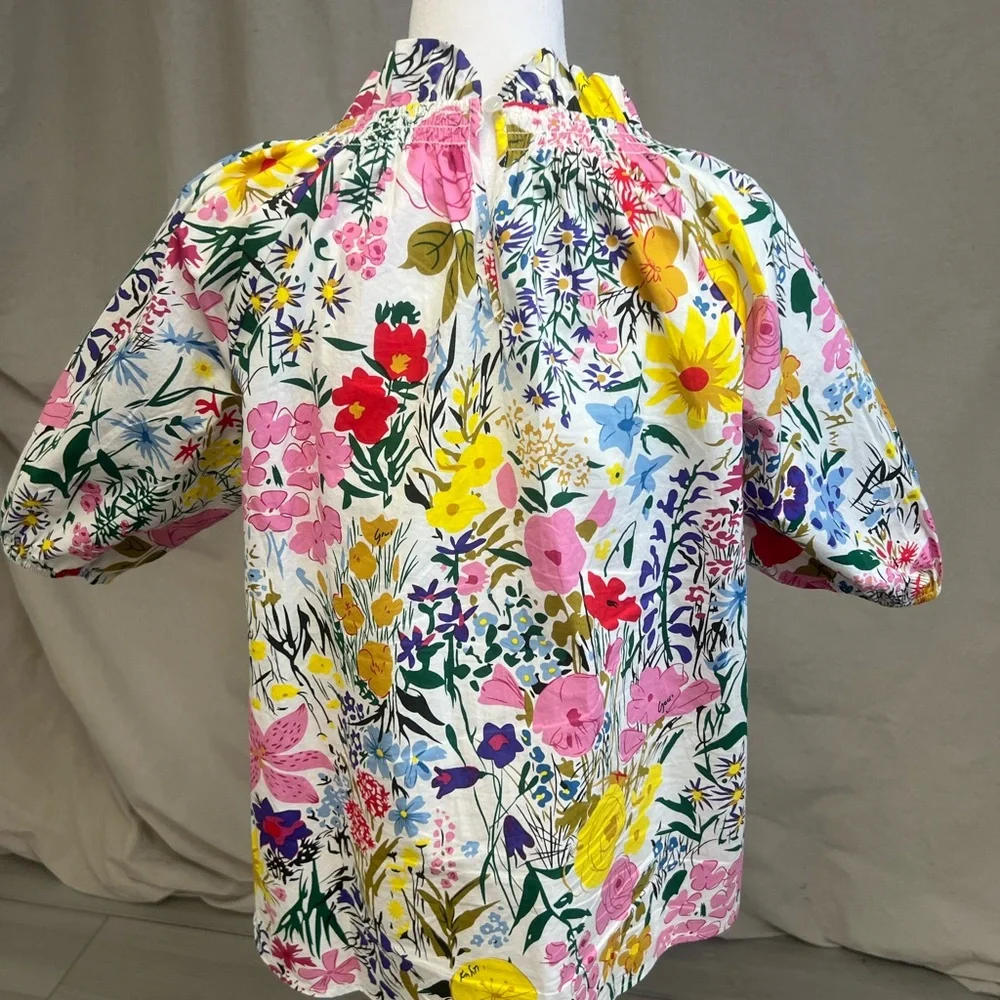 THML Multicolor Floral Puff-Sleeve Blouse Sz S Boho Chic Cottagecore Coquette - Picture 4 of 8